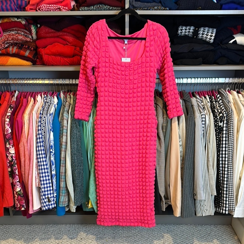 Antonio Melani hot pink long sleeve squat neck bubble dress size M NWT